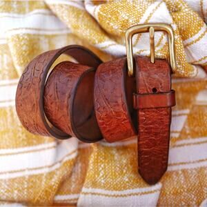 Vintage Ralph Lauren Brown Tooled Leather Nature Themed Belt w/ Brass Buckle - L
